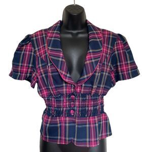 Wet Seal Plaid Three Button Smocked Waist Peplum Preppy Academia Top Sz XL